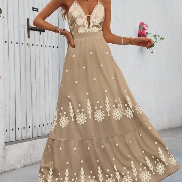 Multicolor Boho Women's Long Camisole Printed Hawaiian Style Maxi Dress - Picture 3 of 6